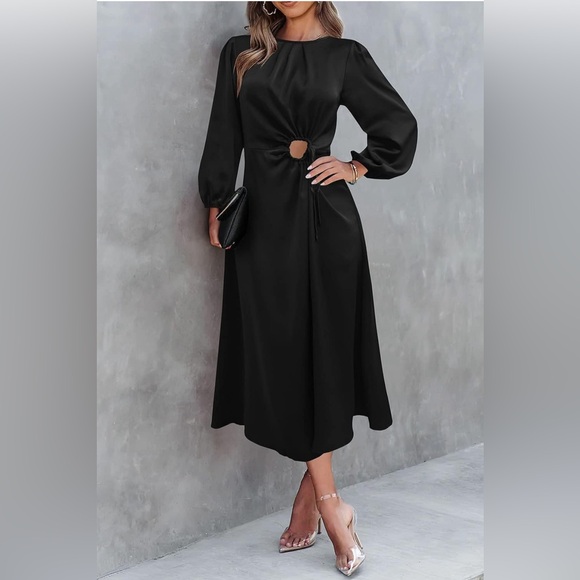 PRETTYGARDEN Satin Maxi Dress Puff Long Sleeve Crewneck Cutout  A-line Long - Picture 3 of 16